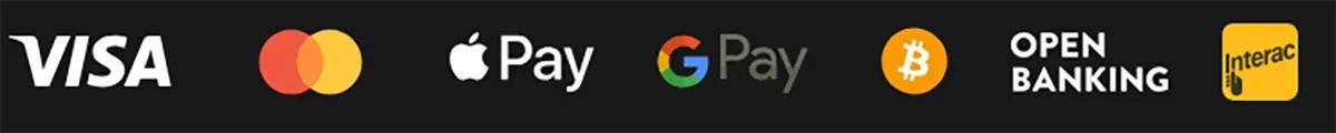 Payment methods row showing Visa, Mastercard, Apple Pay, Google Pay, Bitcoin, Open Banking, and Interac on a dark background.