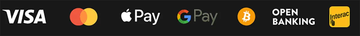 Payment methods row showing Visa, Mastercard, Apple Pay, Google Pay, Bitcoin, Open Banking, and Interac on a dark background.