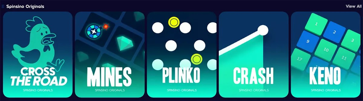 Spinsino Originals games section featuring Cross the Road, Mines, Plinko, Crash, and Keno, with a “View All” link on a dark blue casino interface.