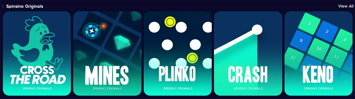 Spinsino Originals games section featuring Cross the Road, Mines, Plinko, Crash, and Keno, with a “View All” link on a dark blue casino interface.