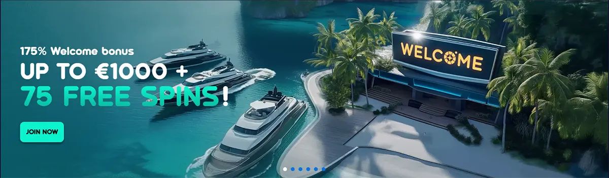 Casino welcome banner with luxury yachts, tropical palm trees, and a glowing welcome sign, promoting a 175% welcome bonus up to €1000 plus 75 free spins with a “Join Now” button.