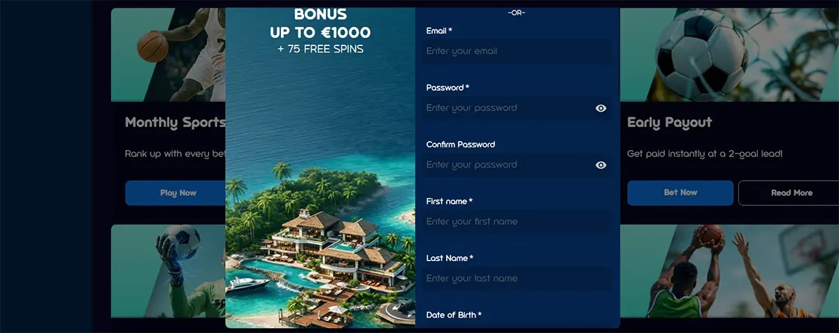 Casino registration popup featuring a tropical island resort illustration, a bonus offer up to €1000 plus 75 free spins, and a sign-up form with email, password, name, and date of birth fields on a dark sports-themed background.