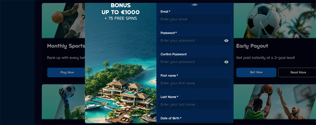 Casino registration popup featuring a tropical island resort illustration, a bonus offer up to €1000 plus 75 free spins, and a sign-up form with email, password, name, and date of birth fields on a dark sports-themed background.